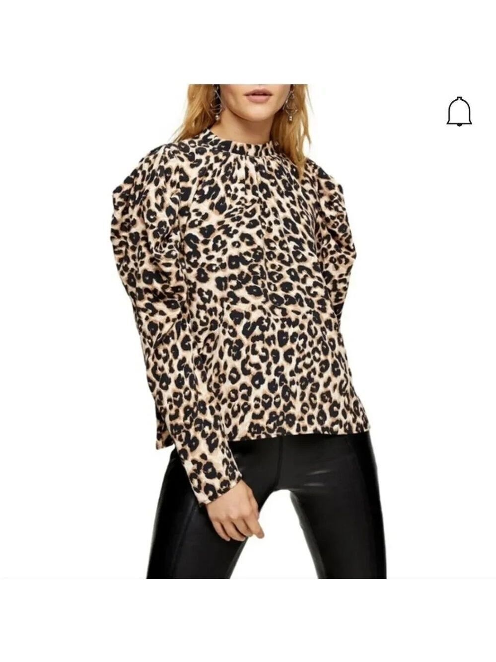 Topshop Leopard Mutton Sleeve Blouse In Brown Multi
